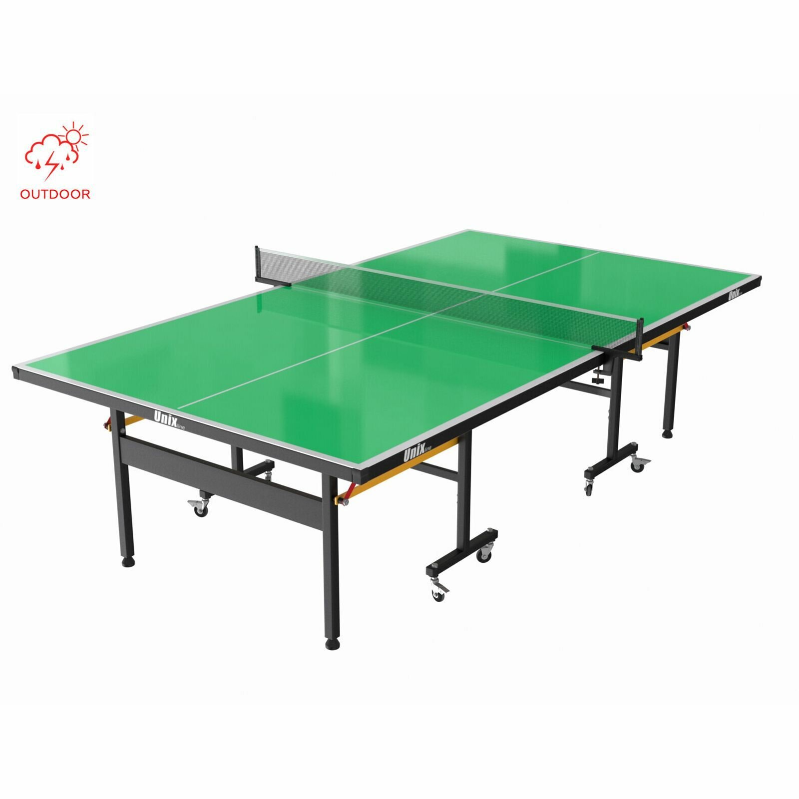 Теннисный стол складной всепогодный для игры в настольный теннис зеленый UNIX Line outdoor полупрофессиональный спортивный с антибликовым покрытием (в комплекте сетка, 2 ракетки, 3 мяча) UNIXLINE
