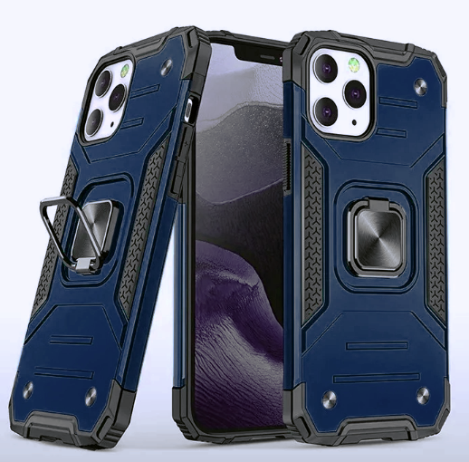 Противоударный чехол для iPhone 12 / 12 Pro синий с пластиной для магнитного автодержателя и кольцом подставкой