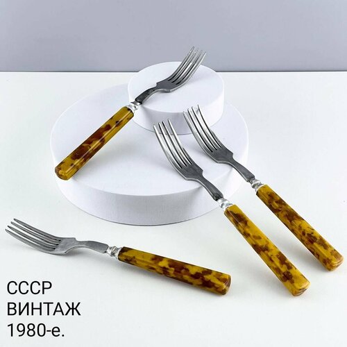 Винтажные столовые вилки Янтарные Набор 4 шт Нержавеющая сталь пластик СССР 1980-е 1500₽