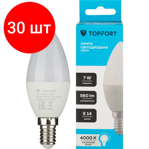 Комплект 30 штук Лампа светодиодная Topfort E14 7W 4000K свеча 3448₽