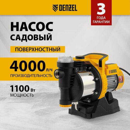 Изображение товара Садовый поверхностный насос Denzel GP1100SS 1100 Вт, 4000 л/ч, подъем 45 м, пластик 97305