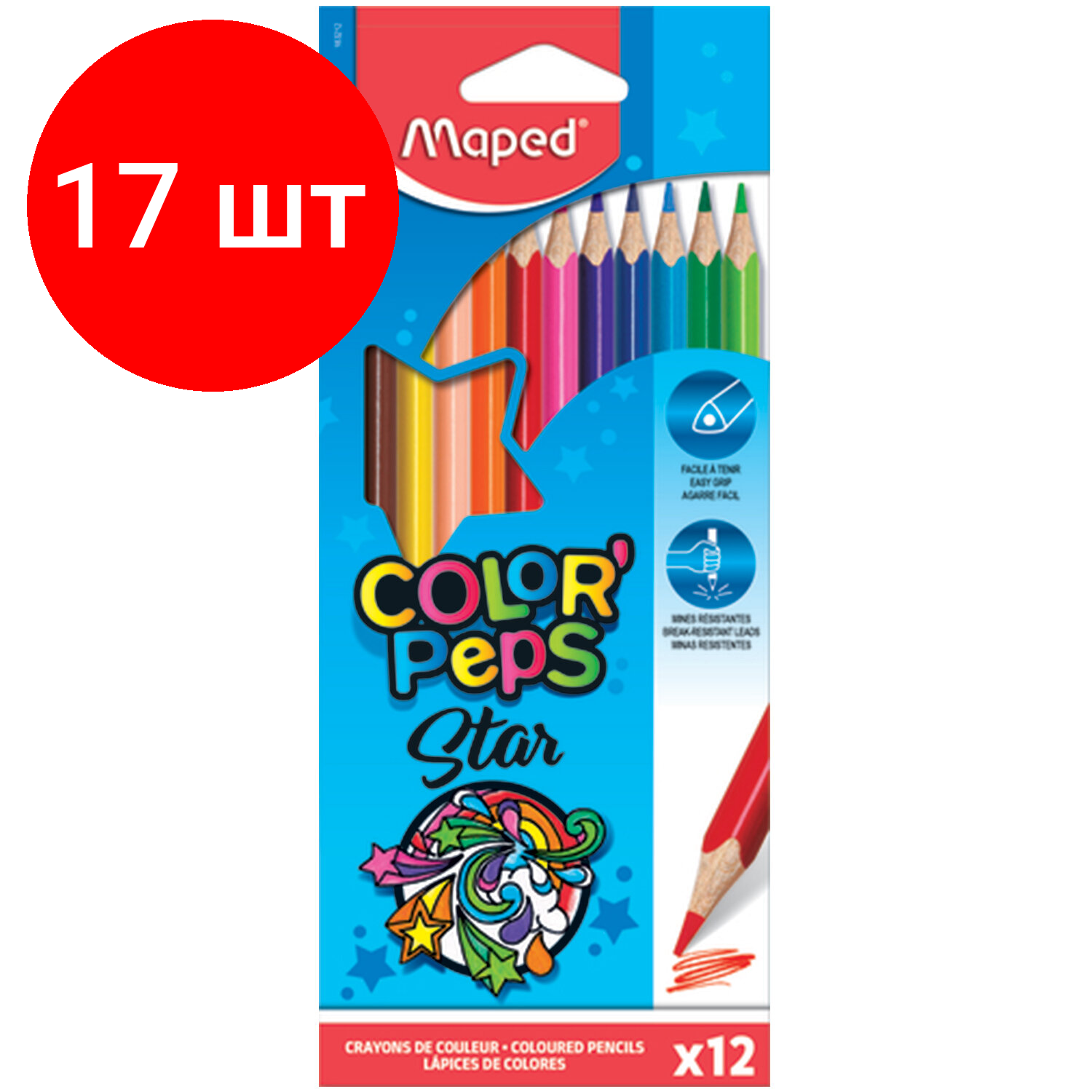 Комплект 17 шт, Карандаши цветные MAPED"Color'Peps Star", 12 цветов, трехгранные, заточенные, европодвес, 183212
