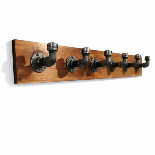 Вешалка настенная лофт для одежды из натурального дерева и водопроводных труб в стиле лофт 100 см