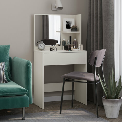 Туалетный столик молочный белый с зеркалом открытой полкой и выдвижным ящиком Кео 126 х 65 38,4 см СТЛ-110