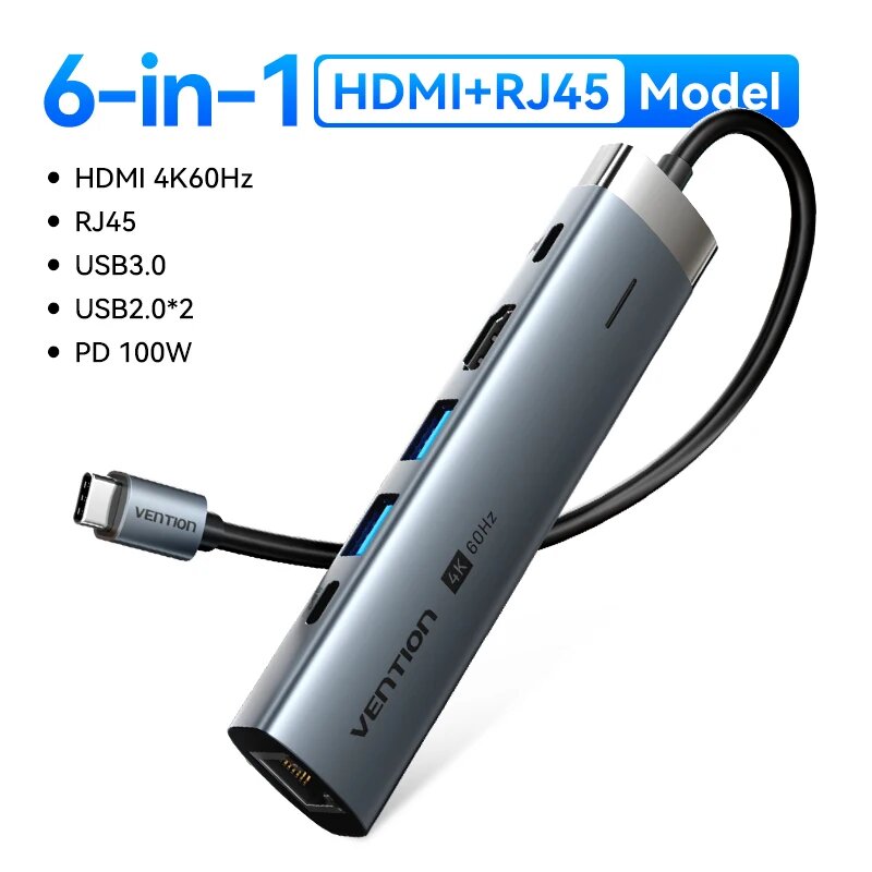 Vention 9-в-1 USB C-концентратор 4K60 Гц HDMI USB 3.0 PD 100 Вт Порт типа C SD/TF для Macbook Pro/Air PC Док-станция для планшетов USB-концентратор, 6-in-1 HDMI RJ45