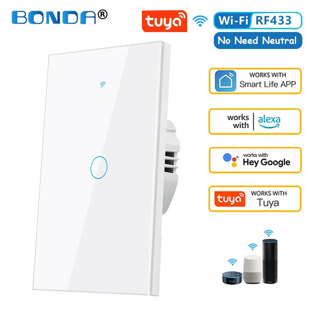 BONDA Умный переключатель Tuya WiFi RF433 1/2/3 Gang, 662WIFI-WHITE-01