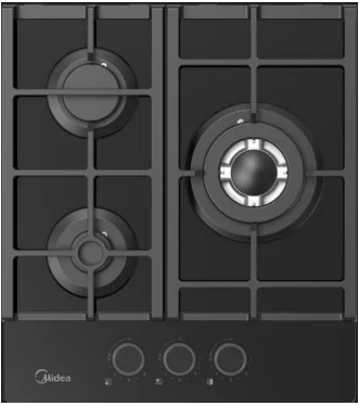 Варочная панель Midea MG449TGB, газовая, чугунные решетки, 3 конфорки, газ контроль, чёрная