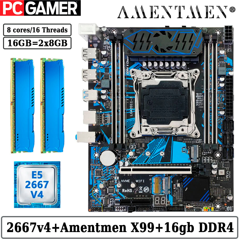 Комплект материнская плата Amentmen X99-B4 + Xeon 2667V4 + 16GB DDR4 ECC REG 2x8GB Blue