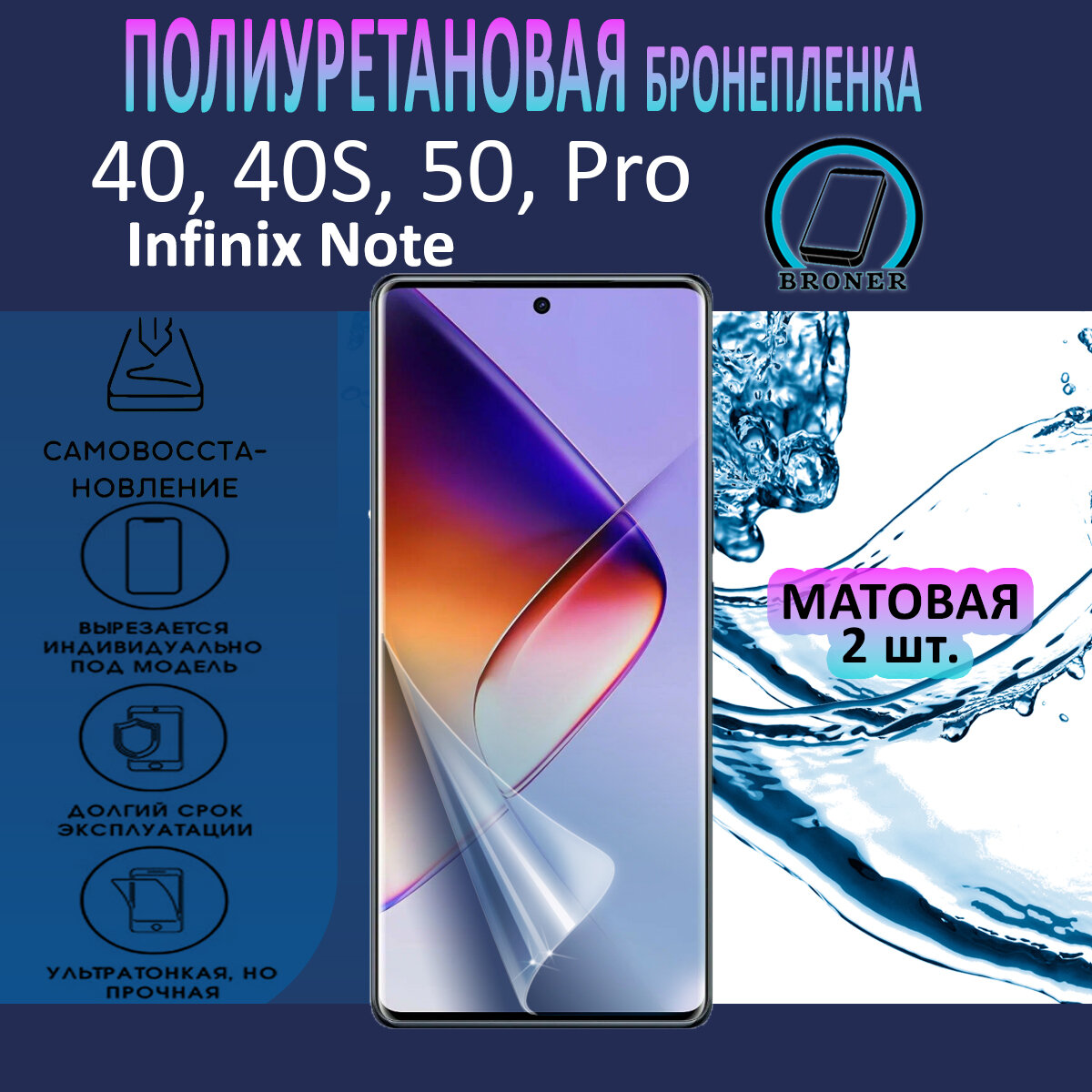Полиуретановая бронепленка для Infinix Note 40, 40S, 50, 50S, Pro, + / 2 штуки / Защитная плёнка на экран, совместима с чехлом, с вырезом под камеру / Матовая