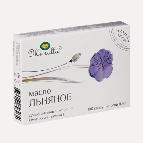 Изображение товара Масло льняное Mirrolla, БАД, 100 капсул, 0,3 г, общеукрепляющее, укрепление иммунитета