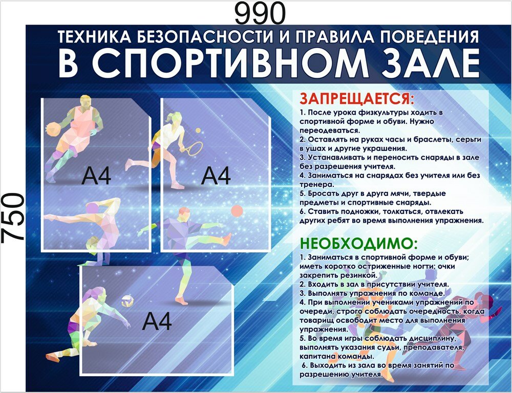 Стенд "Техника безопасности и правила поведения в спортивном зале" 990 х 750, пластик 3 мм, карман А4-3шт. Синий