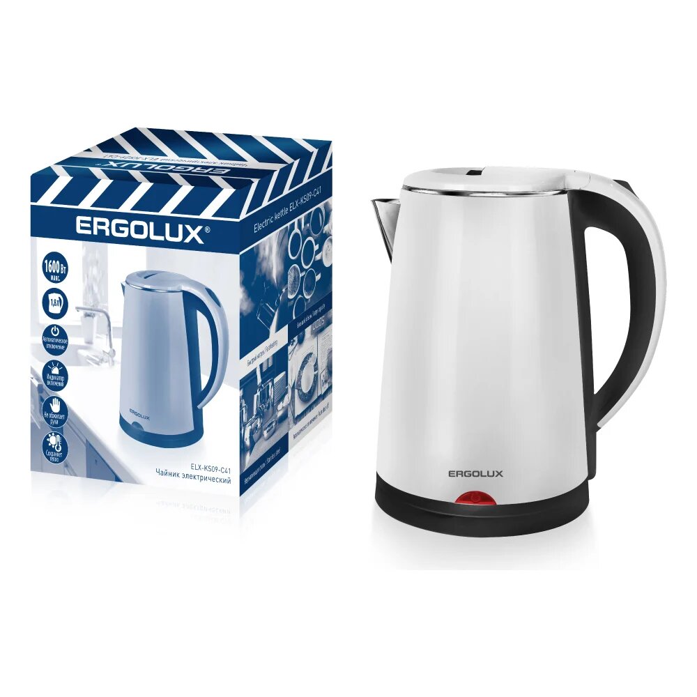 Ergolux ELX-KS09-C41 черно-белый промо (чайник нерж. сталь/пластик, 1.8л, 220-240В, 1600 Вт) 14927