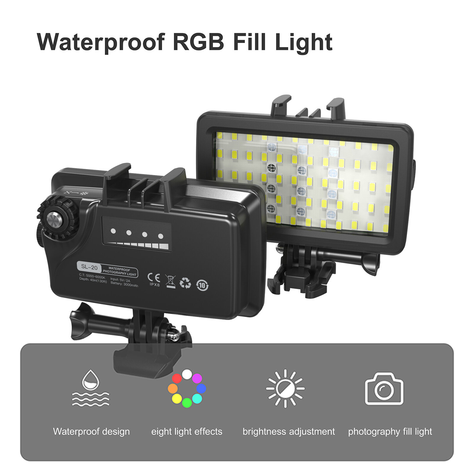 Andoer SL-20 Водонепроницаемый заполняющий светильник RGB Светодиодный светильник для видео 8 режимов освещения CRI95+ с регулируемой яркостью IPX8 Под водой 40 м Встроенная аккумуляторная батарея для