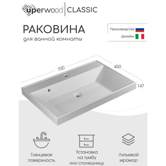 Раковина Uperwood для ванной Classic 70х45х14,5 см, белая глянцевая