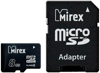 Карта памяти Mirex microSDHC Class 4 + SD adapter 8 GB, чтение: 12 MB/s, запись: 5 MB/s, адаптер на SD