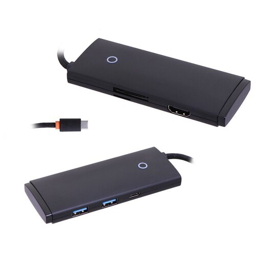 USB HUB разветвитель BASEUS Lite Series 6 в 1 Type-C (m) - 2xUSB3.0 + Type-C + HDMI + TF/SD, 20 см, черный