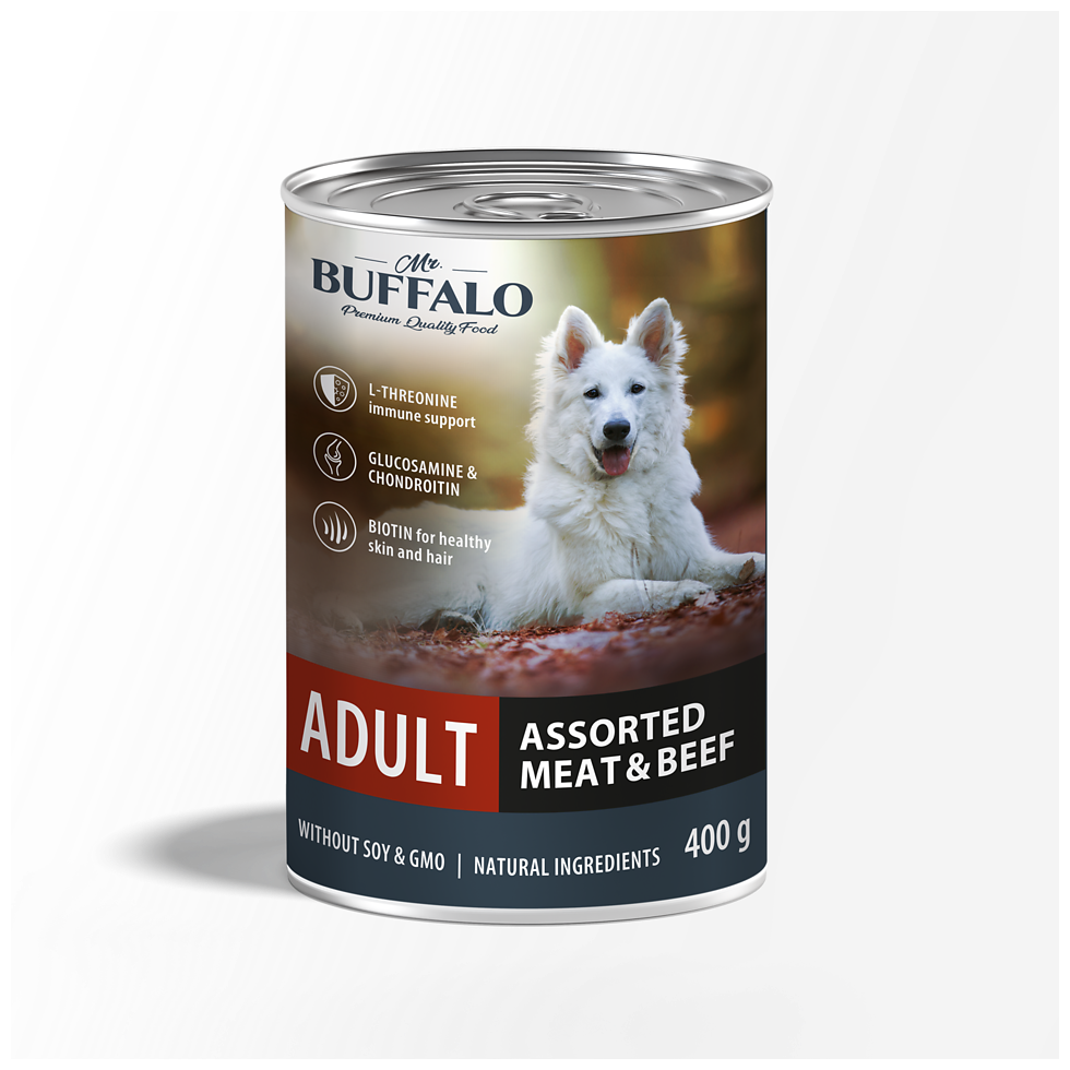 Влажный корм для собак Mr.Buffalo ADULT мясное ассорти с говядиной, 400 г