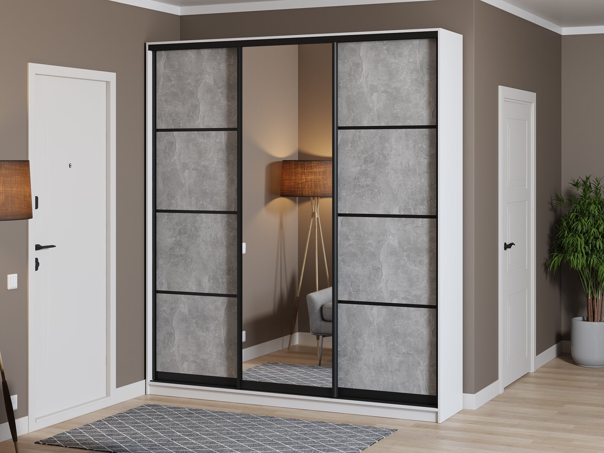 Шкаф купе для одежды Матэрна лофт белый (бетон серый + зеркало) 210х45х240 см