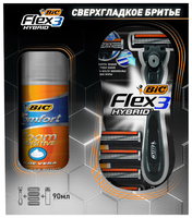 Набор Bic бритва Flex 3 Hybrid, пена для бритья Comfort Sensitive 90 мл, кассеты сменные лезвия: 4 ш