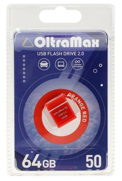 Флешка OltraMax 50, 64 Гб, USB2.0, чт до 15 Мб/с, зап до 8 Мб/с, оранжевая 9441557