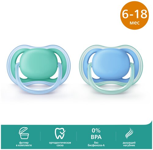 Пустышка силиконовая ортодонтическая Philips AVENT ultra air SCF244/22 6-18 м, 2 шт., голубой/зеленый