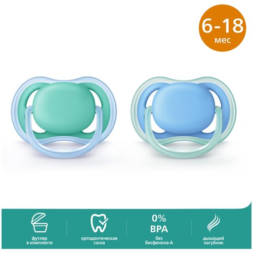 Пустышка силиконовая ортодонтическая Philips AVENT ultra air SCF244/22 6-18 м, 2 шт., голубой/зеленый