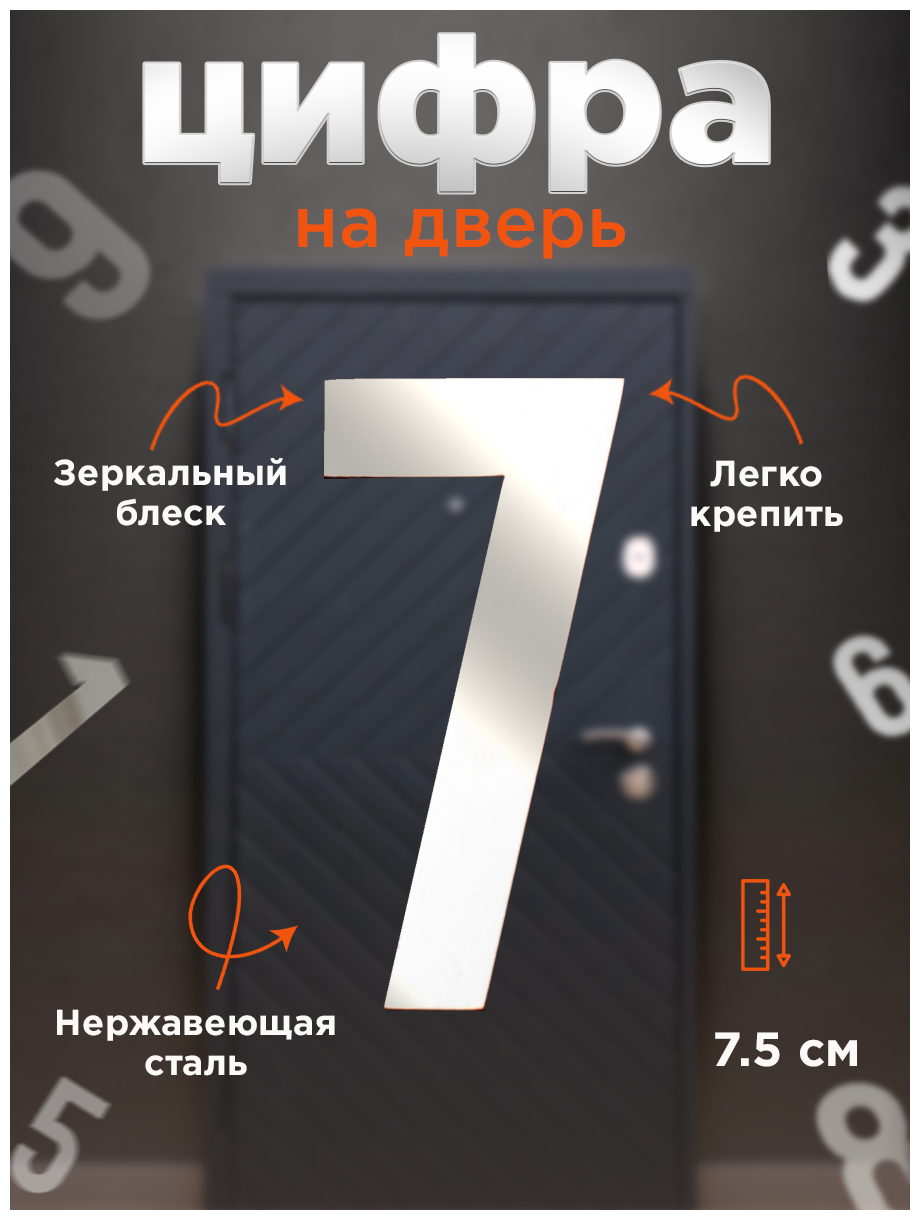 Цифра на дверь. Номер 9 на входную дверь квартиры самоклеящийся и изготовленный из нержавеющей стали 15 мм