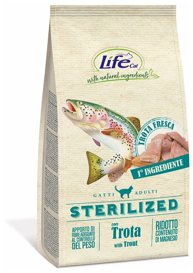 Корм Lifecat Adult Sterilized Trout 1,5кг срок 31/10/2023 для стерилизованных кошек со свежей форелью - фотография № 2