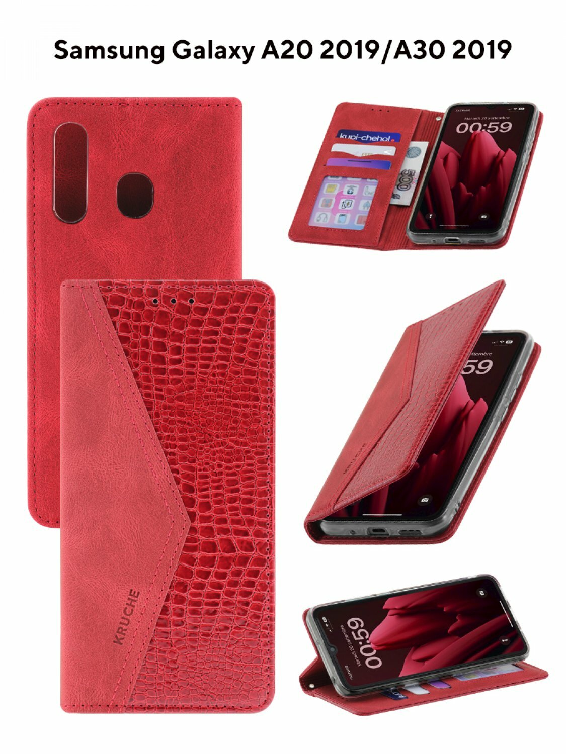 Чехол на Samsung Galaxy A20 Kruche Purse Croc красный, книжка с карманом для карт, противоударный, защитный кейс, с магнитом для Самсунг А20