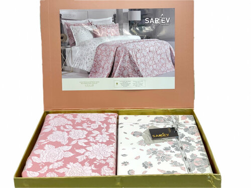Комплект белья из сатина с покрывалом Y 847 Almeda V2 Sarev (кремовый-розовый), Евро (наволочки 50x70)