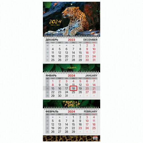 Календарь квартальный на 2024 г, 3 блока, 3 гребня, с бегунком, мелованная бумага, EXTRA, BRAUBERG, «Леопард», 115304