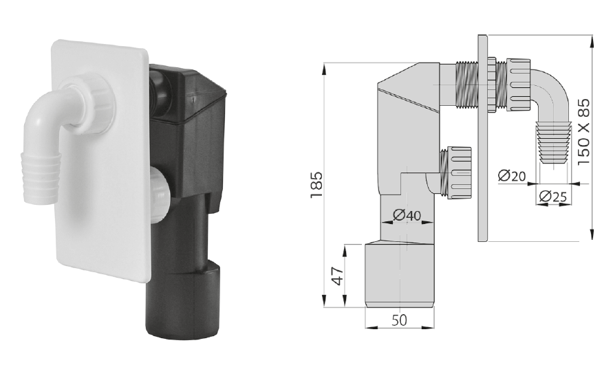 фото M0409 Сифон для стиральной машины под штукатурку белый DN50/40