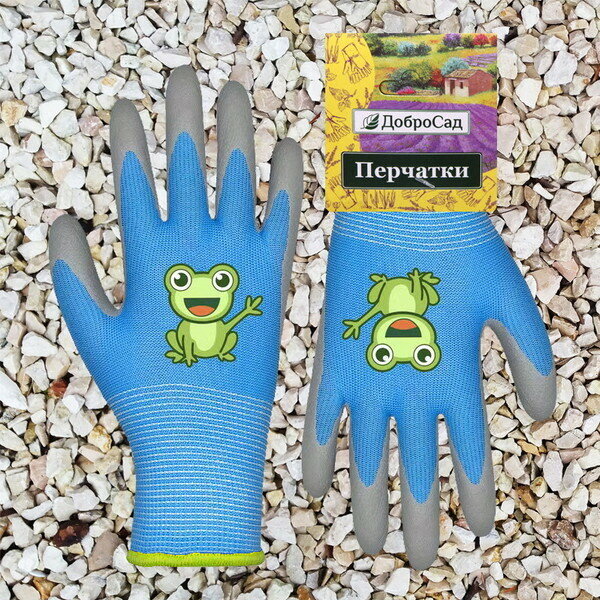 Перчатки нейлоновые детские «Little gardener-Лягушонок» с полиуретановым покрытием полуоблитые, голубые S р-р ДоброСад - фотография № 2