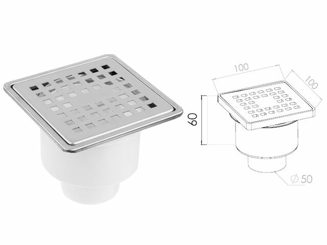 Сливной трап вертикальный D 50 с сухим затвором, с рамкой, решетка нерж. 100х100 мм, AV Engineering (AVE5010101)