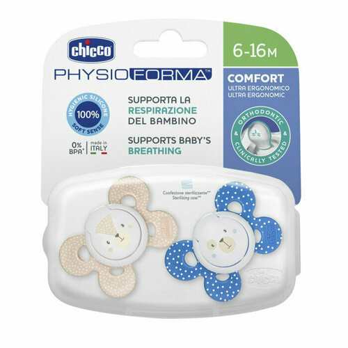 Силиконовая Physio Comfort 6-16 мес. 2 шт. Blue/Мишка/Бурундук