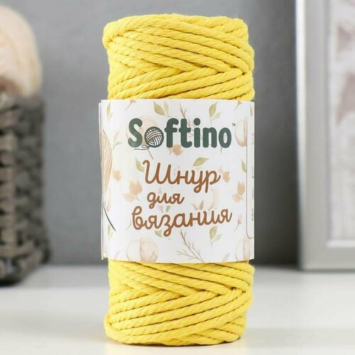 Пряжа-шнур для вязания Softino, 100% хлопок, 3 мм, 25 м/80 гр, жёлтый цвет, 2 шт. в наборе шнур для шитья pega хлопок 5 3 мм цвет жёлтый 25 м 1 шт