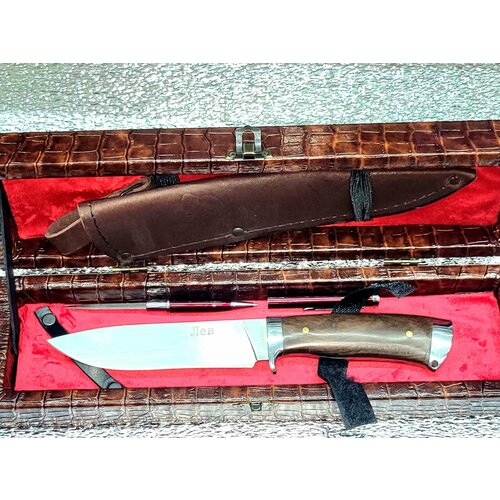 Нож туристический Лев разделочный в чехле ножнах и подарочный кожаный футляр , ручка нож. (Сталь65х13: модель 3)
