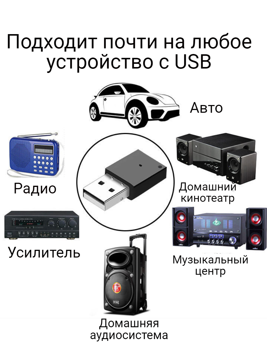 Аудио bluetooth блютуз адаптер для автомагнитолы USB ресивер AUX