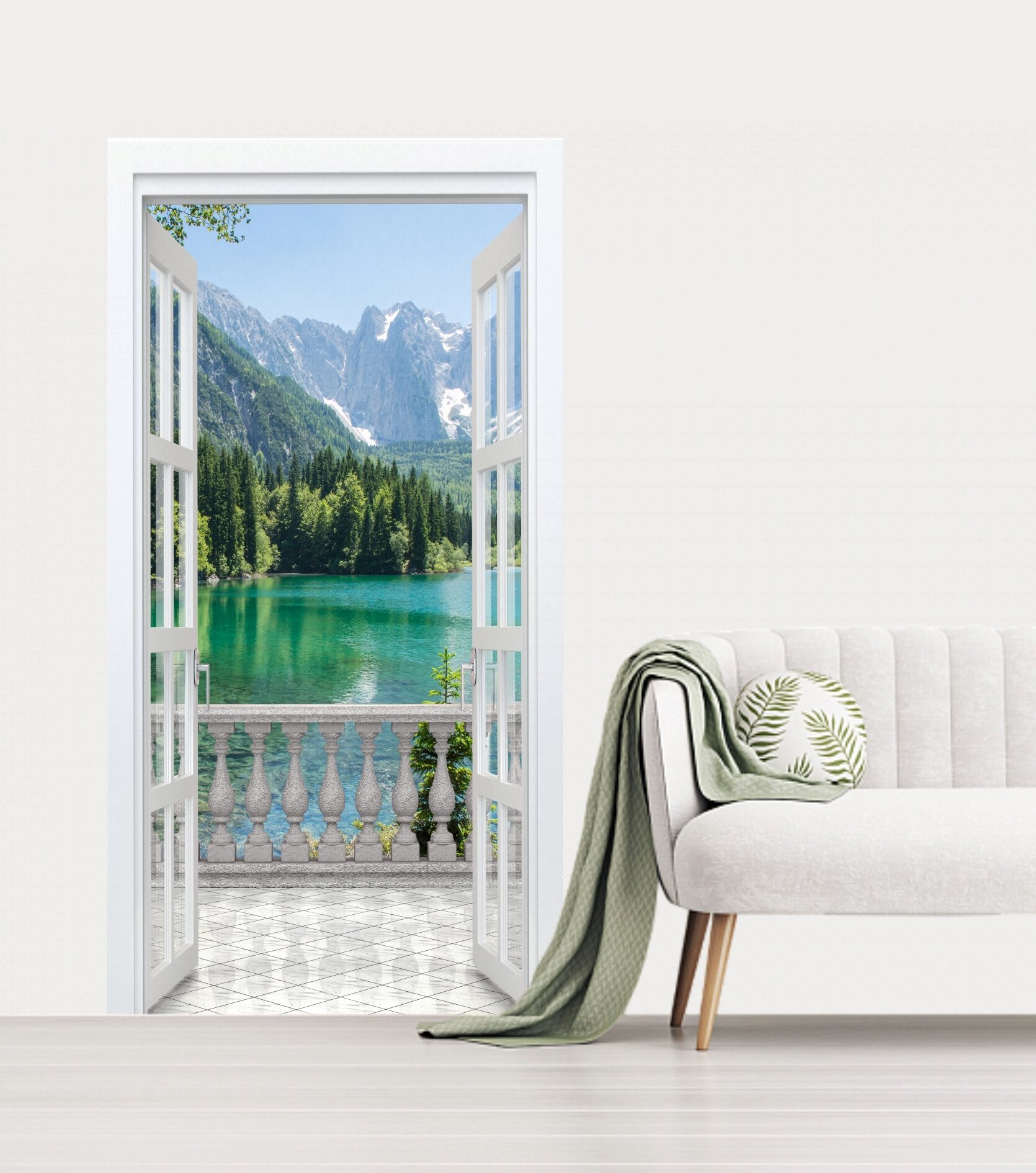 фото Фотообои "Вид с балкона на горное озеро" 100*200 см. /Флизелиновые фотообои