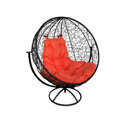 Вращающееся кресло круг с ротангом чёрное, оранжевая подушка