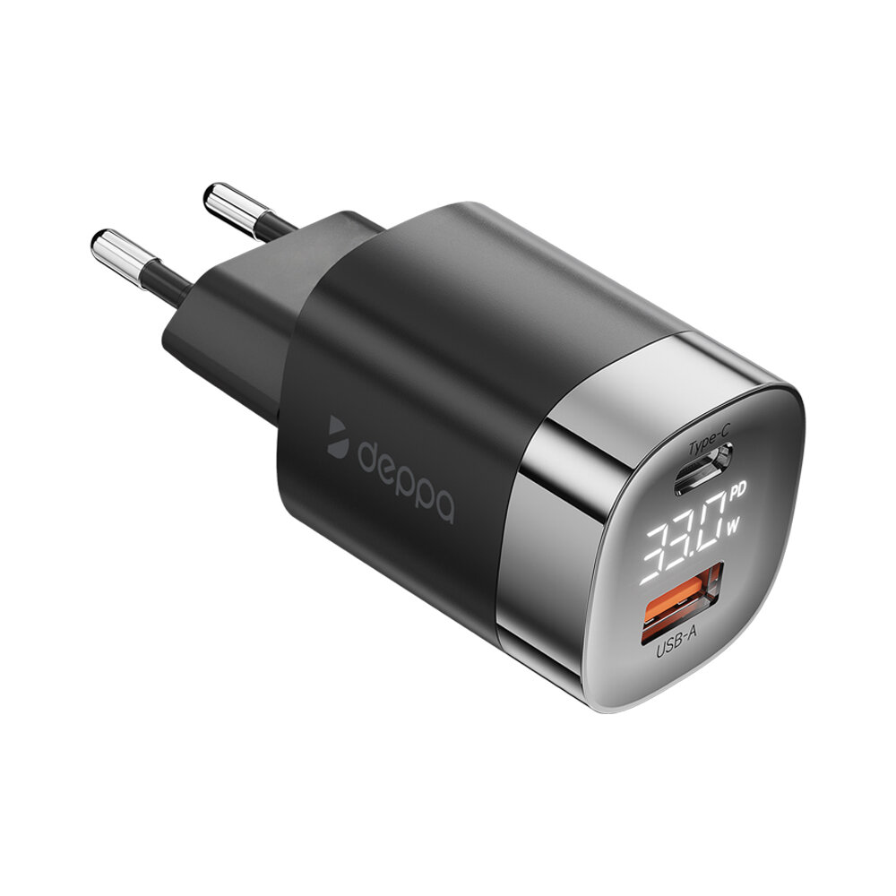 фото Сетевое зарядное устройство Wall Charger USB-C + USB A, PD 3.0, QC 3.0, 33W, дисплей, черный, Deppa, крафт, Deppa 11439-OZ