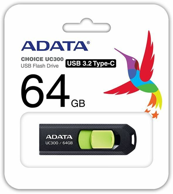 Флешка USB (Type-C) A-Data UC300 64ГБ, USB3.2, черный и зеленый [acho-uc300-64g-rbk/gn]