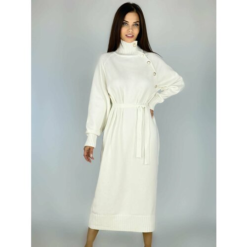 фото Платье-свитер хлопок, вискоза, полуприлегающее, миди, вязаное, утепленное, размер 42/50, белый topboutique