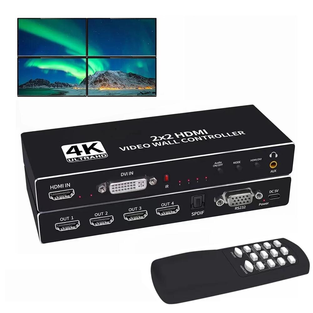 Контроллер видеостены 2x2, 1 вход/4 выхода, HDMI 1.4, RS232, IR | ORIENT HSP2X2WN