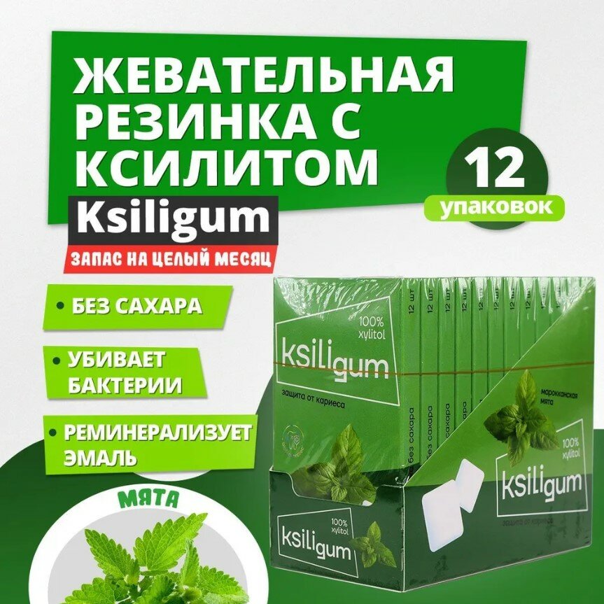 Жевательная резинка с ксилитом без сахара Ksiligum, мята, 144 шт (12 упаковок) - фотография № 1