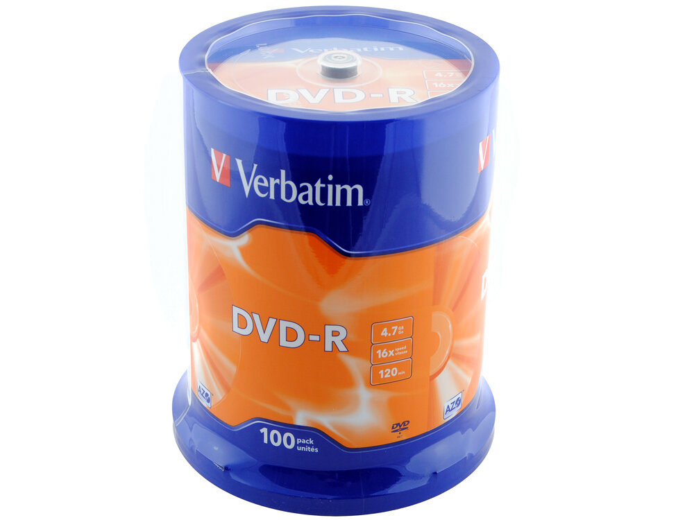 Диски DVD-R 4.7Gb Verbatim 16х 100 шт Cake Box <43549