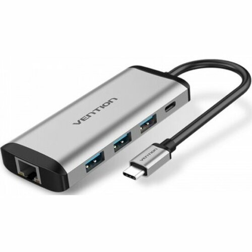 Сетевой адаптер Vention USB-C M/ Gigabit Ethernet RJ45 F/OTG хаб 3xUSB 3.0/PD сетевой адаптер vention usb 3 0 m gigabit ethernet rj45 f otg хаб 3xusb черный 0 15м