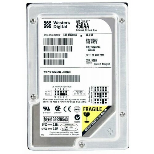 Жесткий диск Western Digital WD450AA 45Gb 5400 IDE 3.5 HDD жесткий диск western digital caviar 14300 4 3gb 5400 ide 3 5 hdd