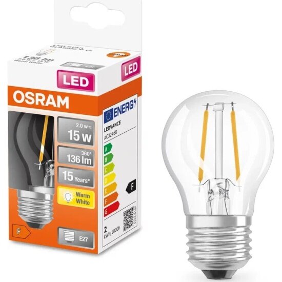 Светодиодная лампа Ledvance-osram Osram LED STAR CL P15 1,4W/827 220-240V FIL CL E27 136lm