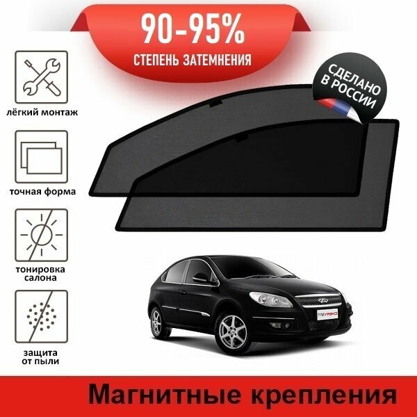 Каркасные шторки LATONIK PREMIUM на Chery M11 1 (2010-2016) хэтчбек 5d на передние двери на магнитах с затемнением 90-95%